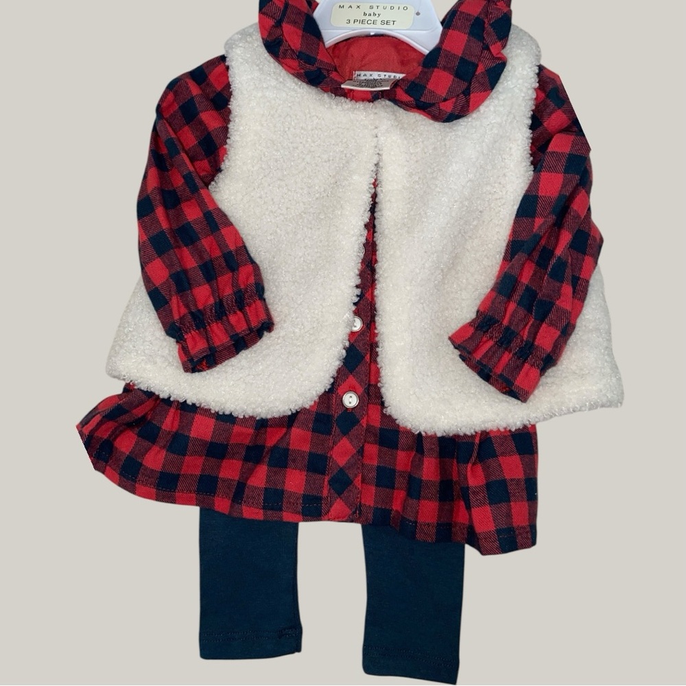 NEW MAX STUDIO BABY SET•PLAID BUTTON DOWN SHIRT•NAVY PANTS•IVORY VEST•S-3-6 M